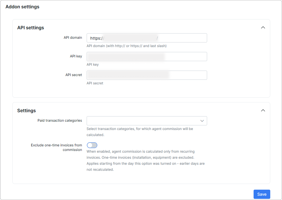 Addon settings of the Agents add-on with API settings and the Settings block