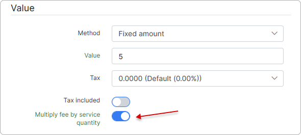 Value section of a Recurring fee rule with the Multiply fee by service quantity toggle