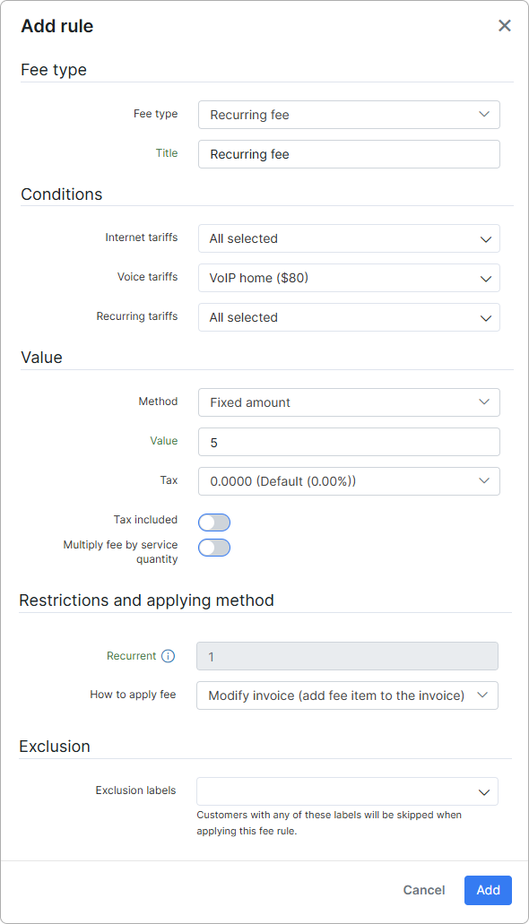 The 'Recurring fee' option