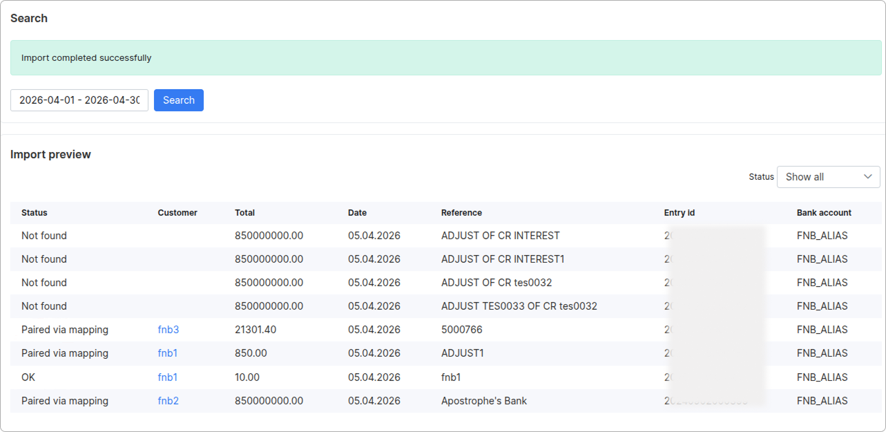 Import preview with OK, Paired via mapping, and Not found statuses