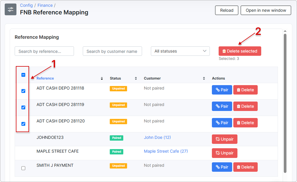 Reference Mapping table with three unpaired references selected and the Delete selected button active