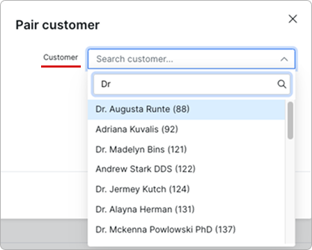 Dropdown menu with a list of customers for pairing