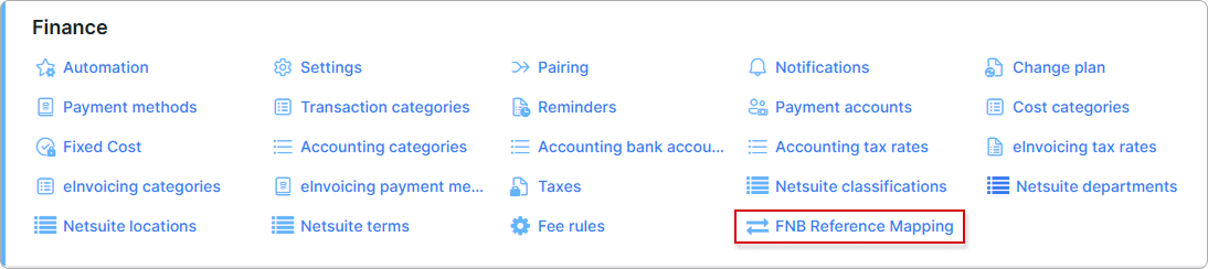 FNB Reference Mapping entry point in Config → Finance