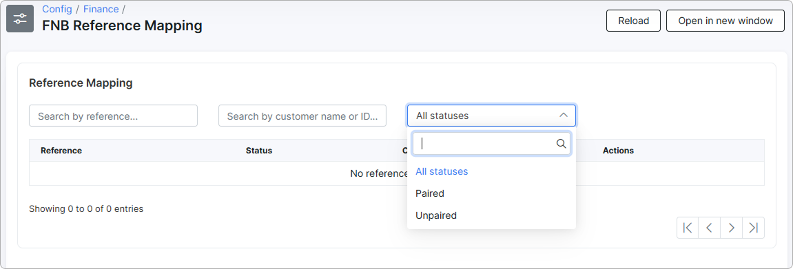FNB Reference Mapping page with search filters and the references table