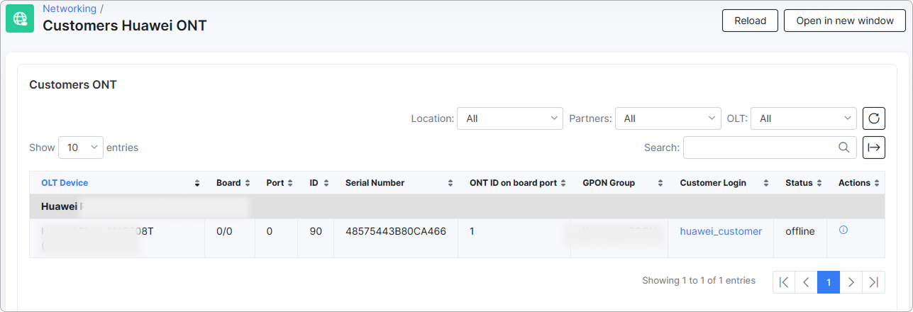 Customers Huawei ONT page with the ONT list grouped by OLT device