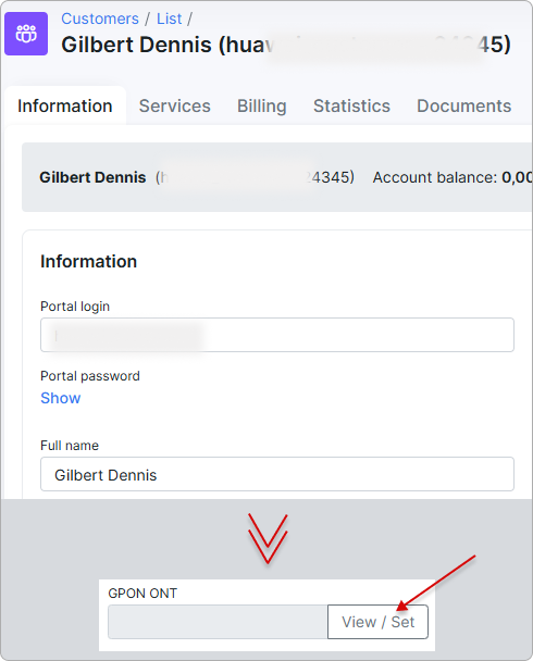GPON ONT field under Show more in the customer's Information tab