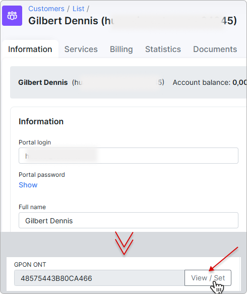 Customer's ONT table after an ONT is added