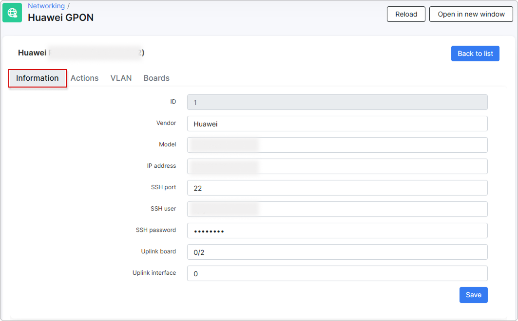 Information tab showing OLT connection details