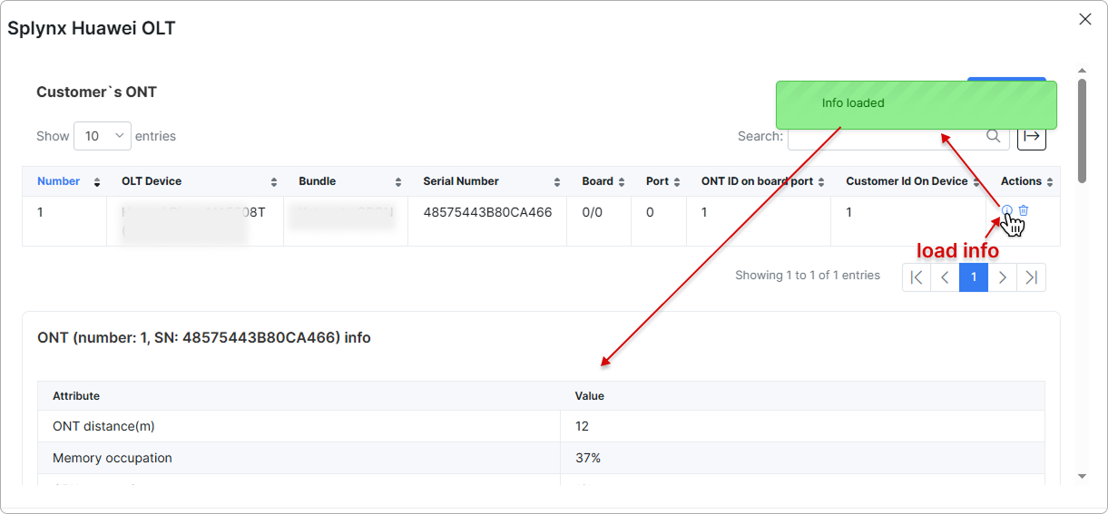 Customer's ONT table with the load info action and the resulting ONT info table