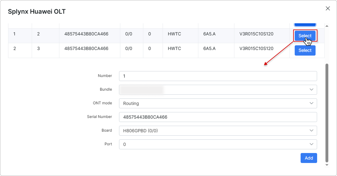 Add ONT form with Number, Bundle, ONT mode, Serial Number, Board, and Port fields
