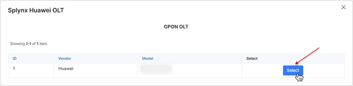Select OLT step showing the GPON OLT list with a Select button for each OLT