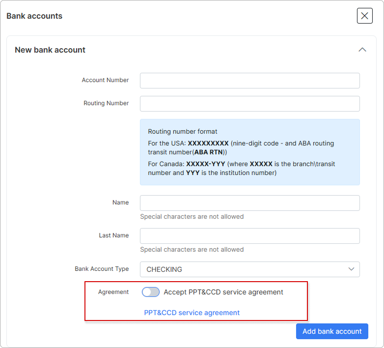 Add bank account form