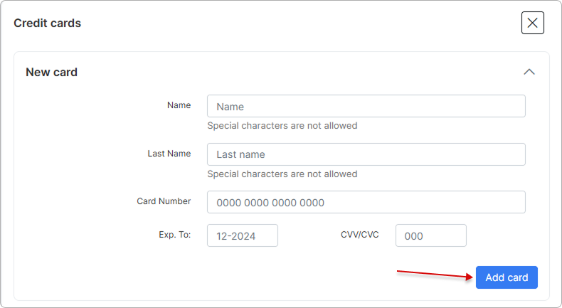 Add card form opened above the existing card entry