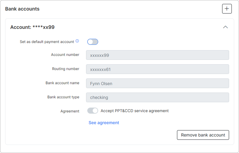 Saved bank account entry