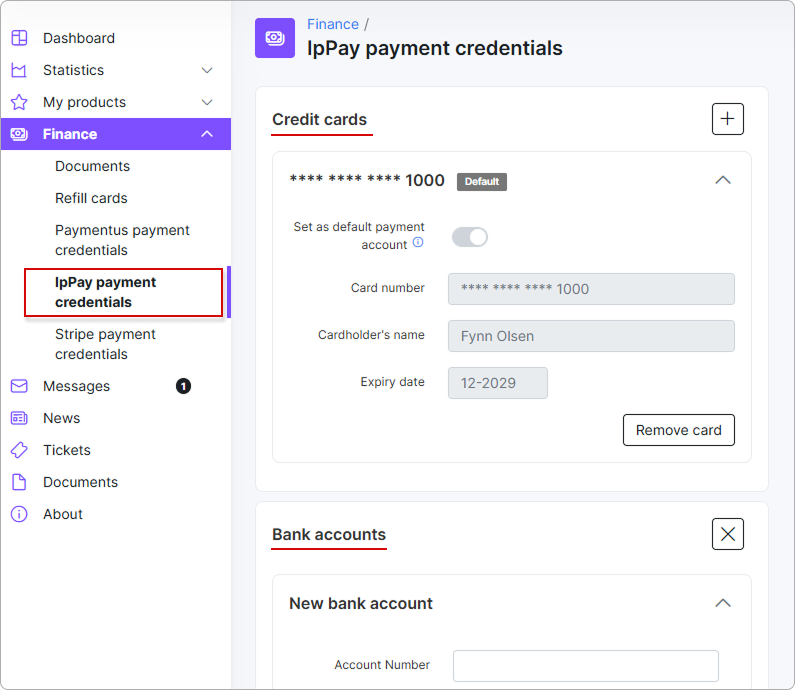 IpPay payment credentials page with the Credit Cards and Bank accounts blocks