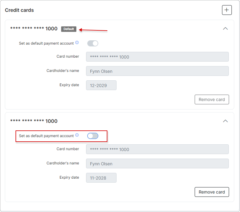 Set as default payment account toggle enabled on one of several entries