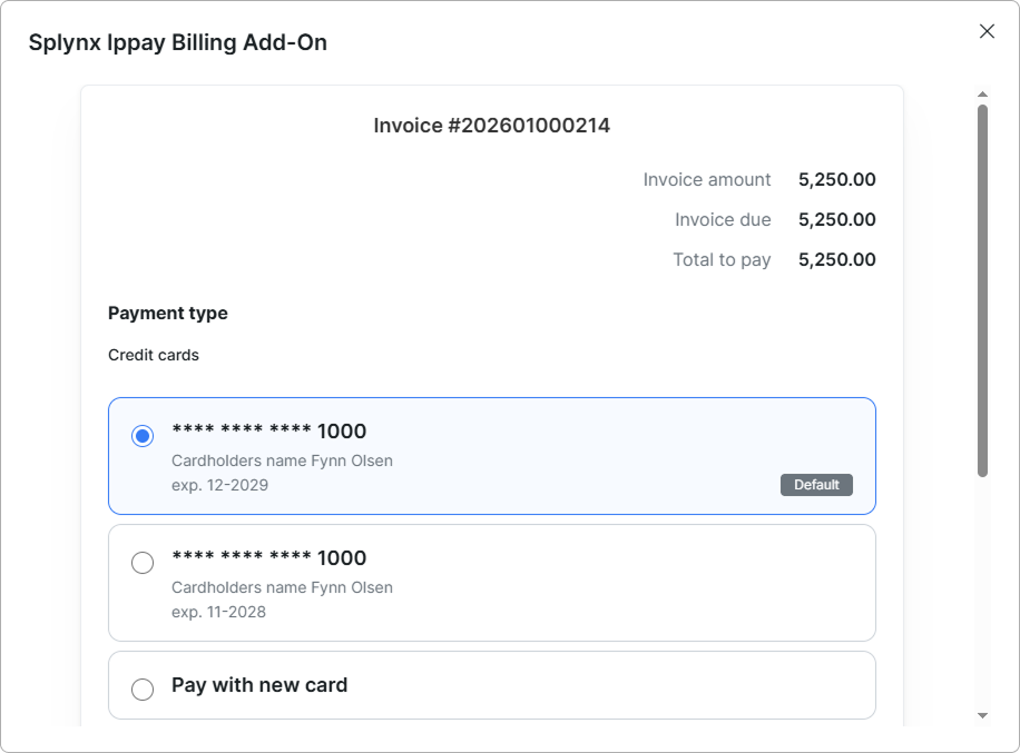 Admin-side pay page with the saved methods radio list
