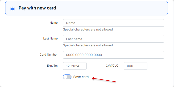 Pay with new card form with the Save checkbox