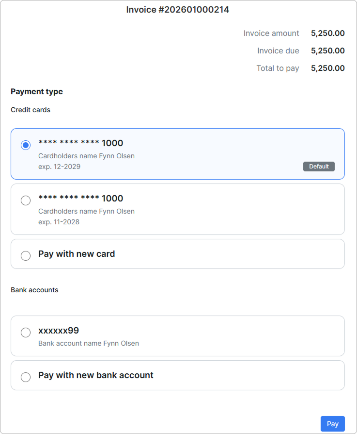 Pay page with the radio list of saved methods and the Pay with new card option
