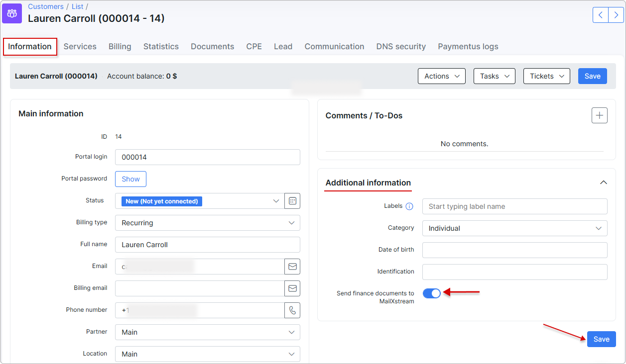 MailXstream toggle in the customer's additional information section