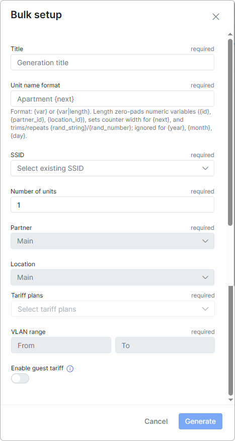 Bulk setup window