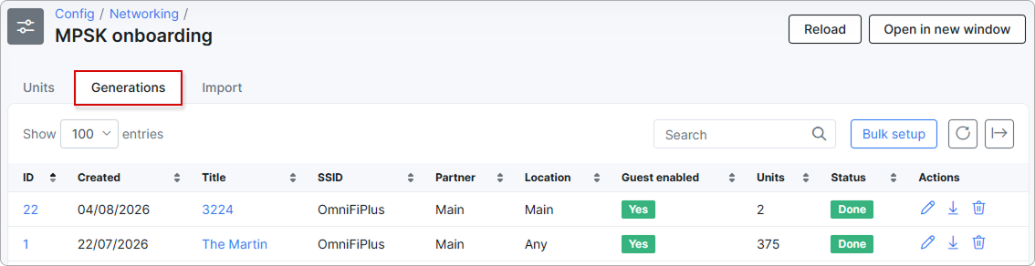 Generations tab with the Bulk setup button