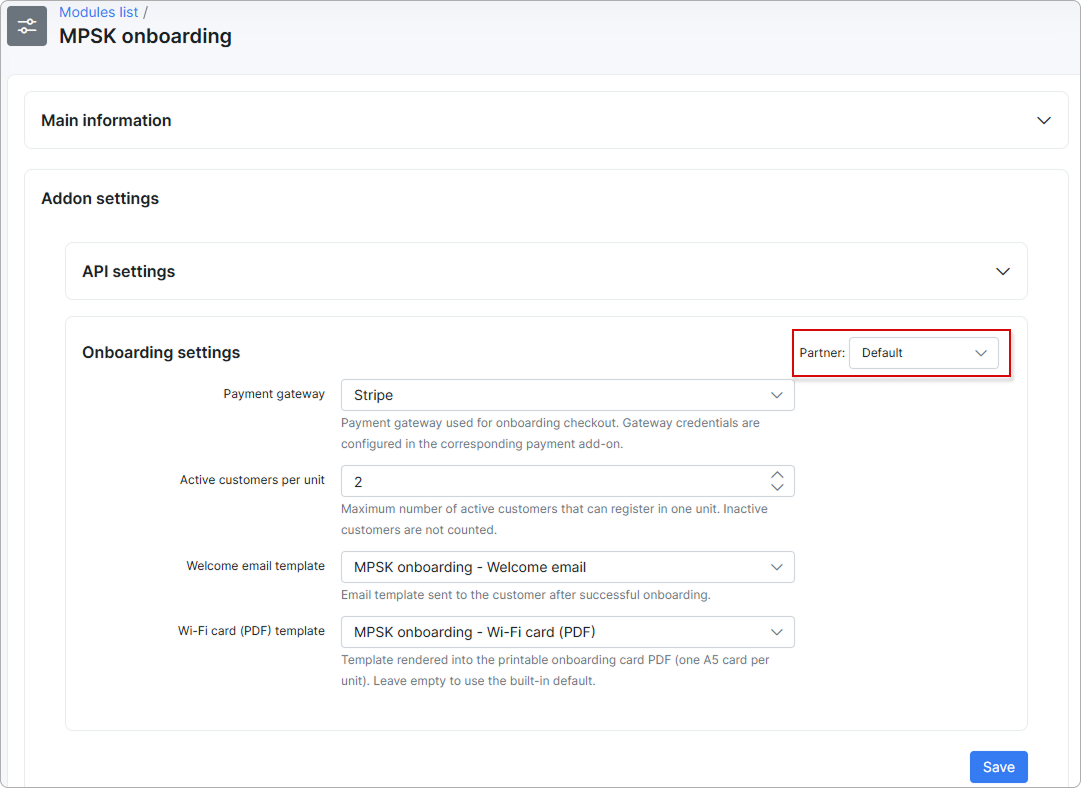 Onboarding settings with the payment gateway and template fields