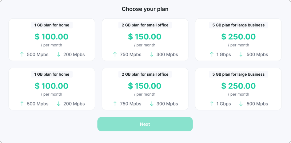 Plan selection screen with tariff cards