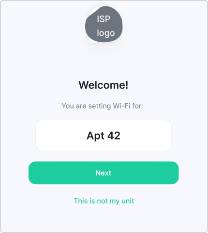 Welcome screen showing the unit name from the QR code