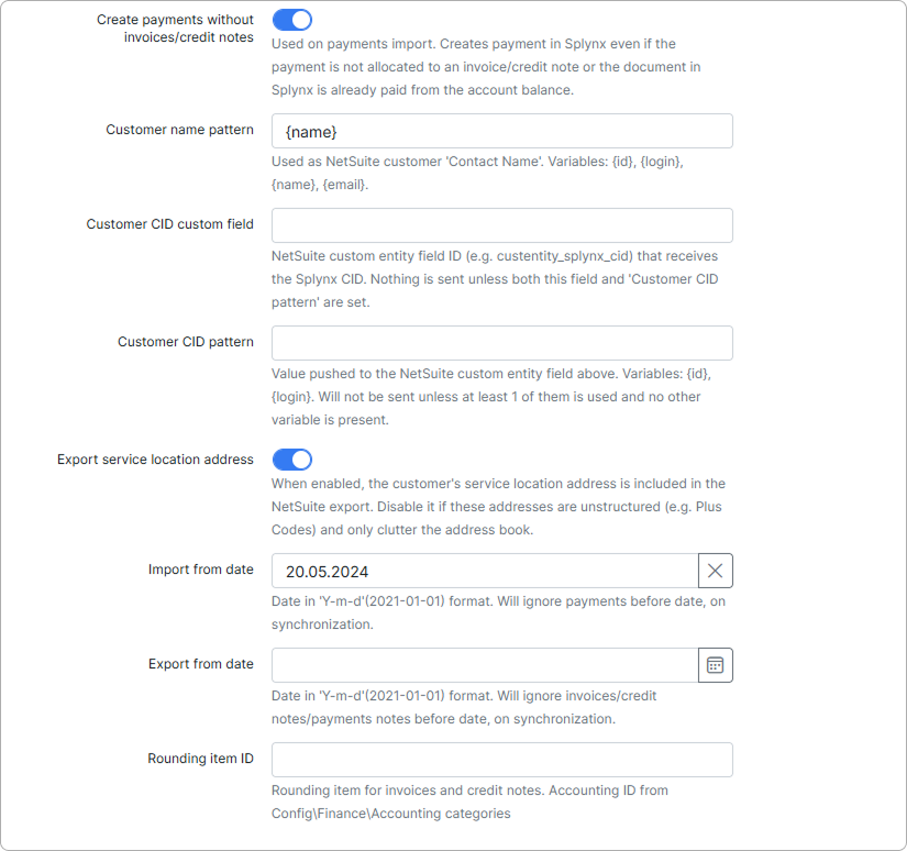 NetSuite add-on synchronization settings, lower part