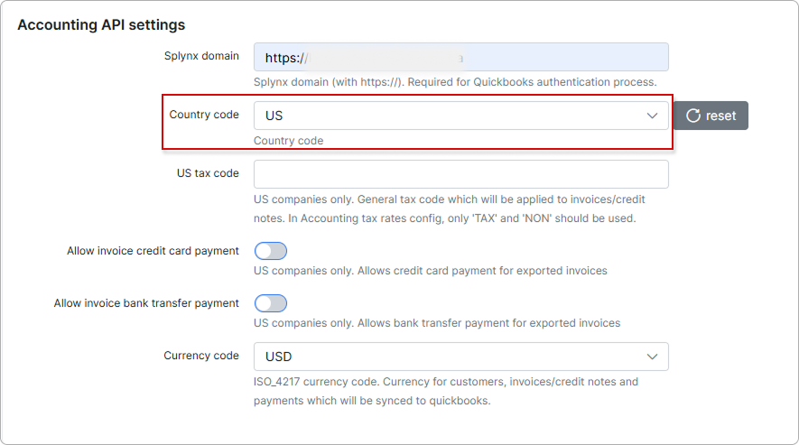 Accounting API settings with the US country code selected and the US tax code, credit card and bank transfer payment fields