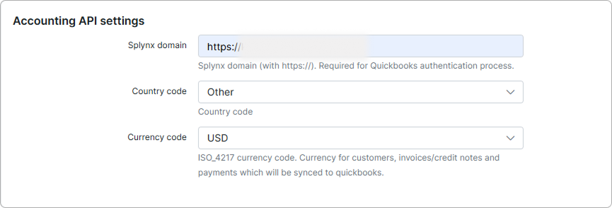 Accounting API settings with the Splynx domain, Country code and Currency code fields