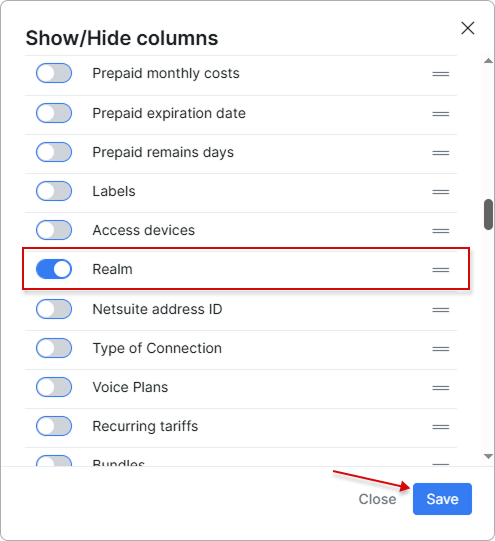 Realm toggle in Show/Hide columns