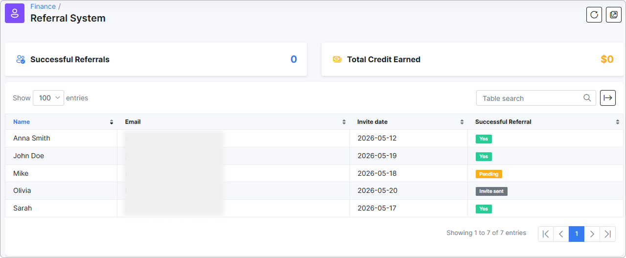 Referral system page