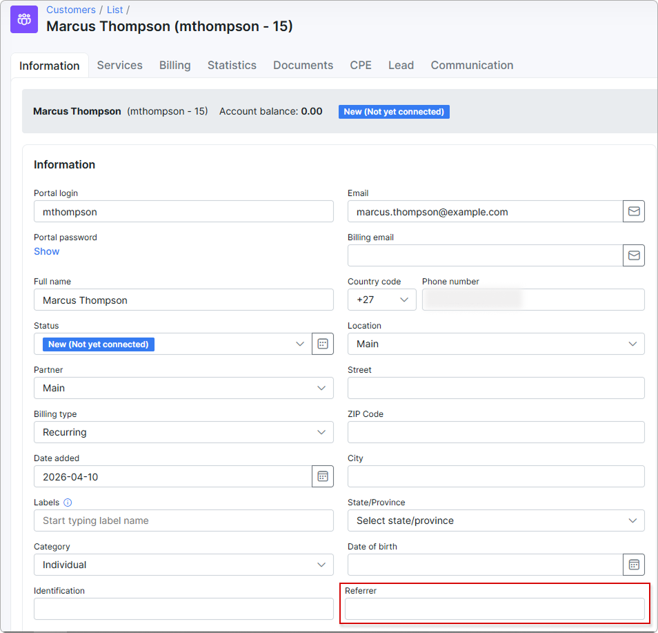 Referrer field in the customer's information section
