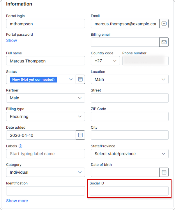 Social ID field in customer's additional information