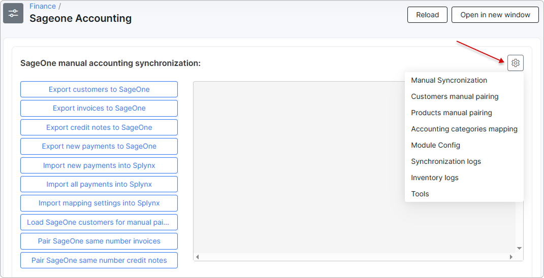 SageOne manual accounting synchronization page with the action buttons, the output panel and the open gear menu