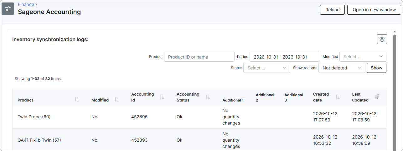 Inventory synchronization logs with product, status and date columns