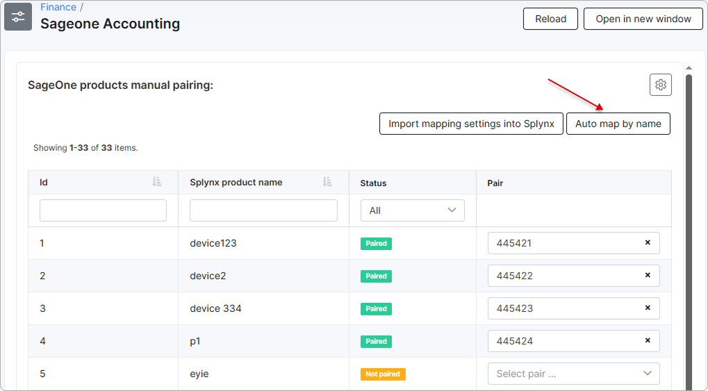 SageOne products manual pairing page with the Auto map by name button and pairing dropdowns