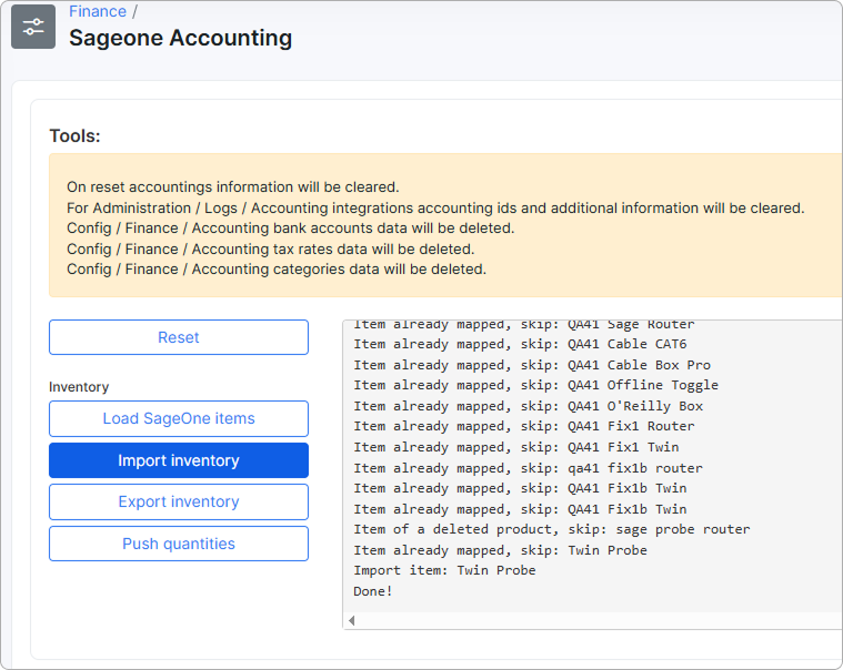 Inventory section on the SageOne Tools page with the Import inventory window