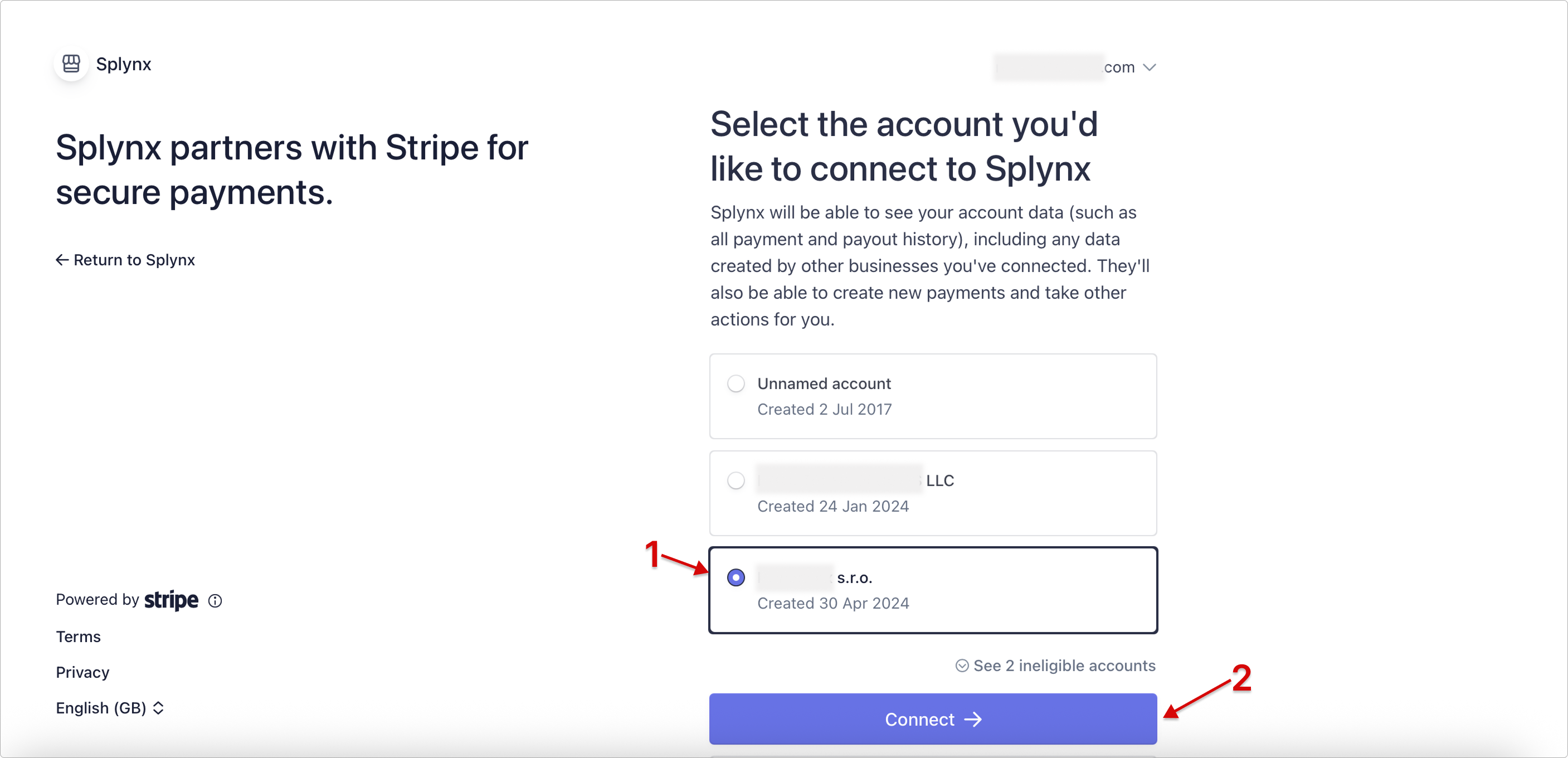 Selecting an account to connect to Splynx
