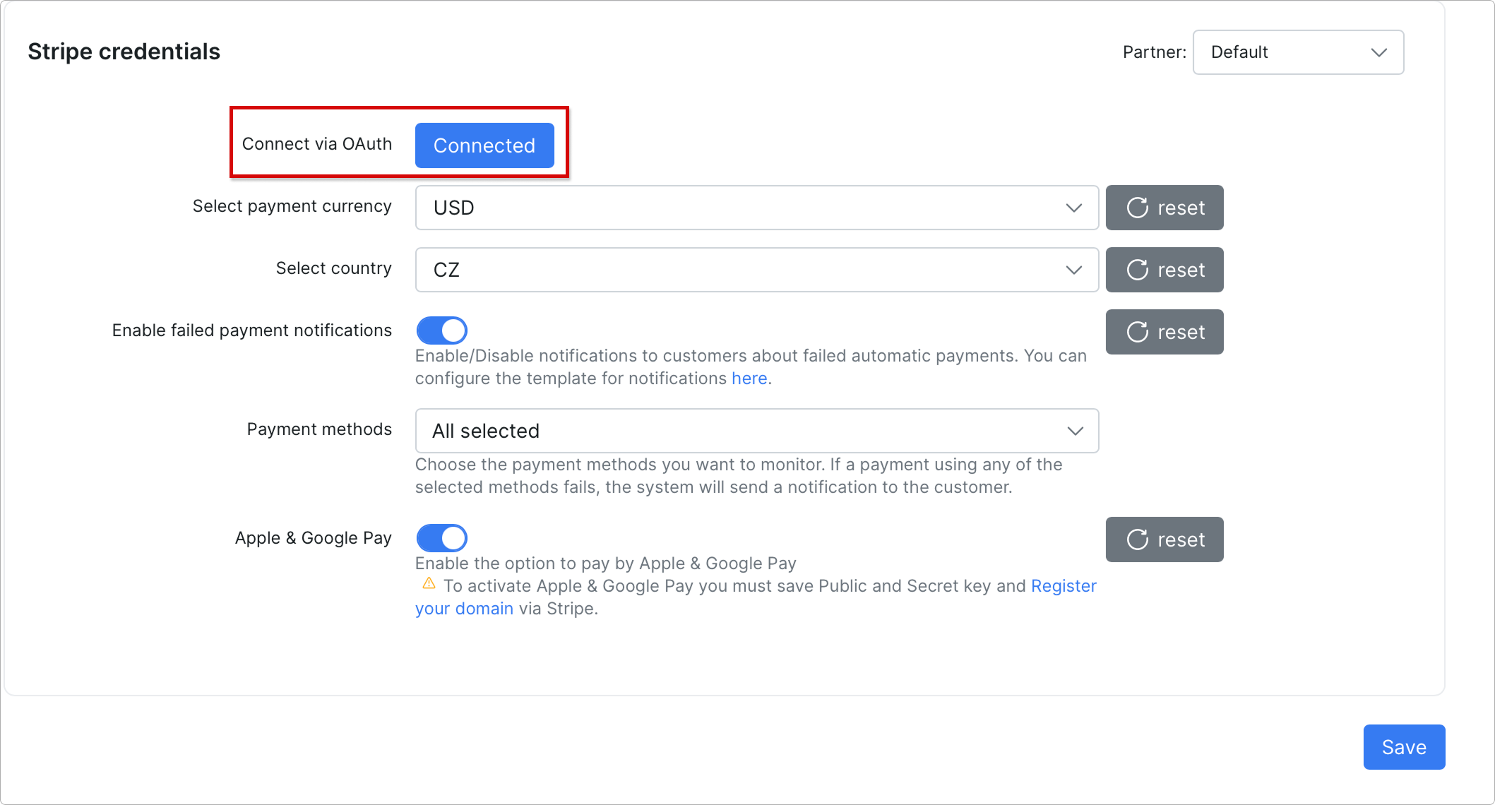Connect via OAuth button label is changed to Connected