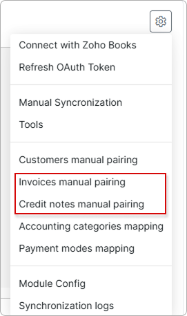 Invoices manual pairing and Credit notes manual pairing items in the gear menu
