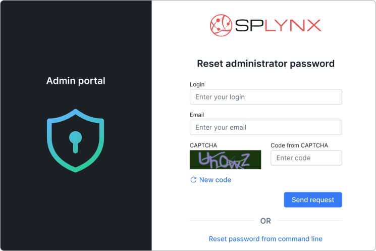 Reset administrator password page with login, email and CAPTCHA fields