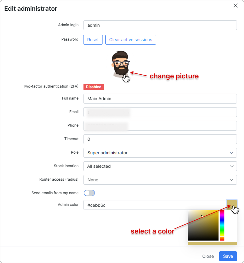 Editing admin's details