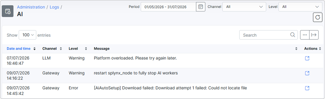 AI logs table with warnings and errors