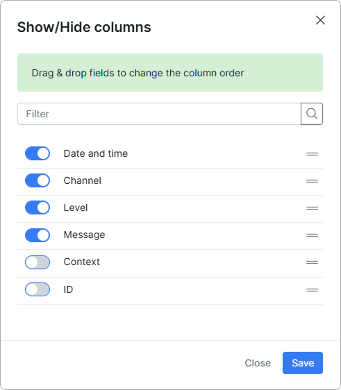 AI log show/hide columns menu