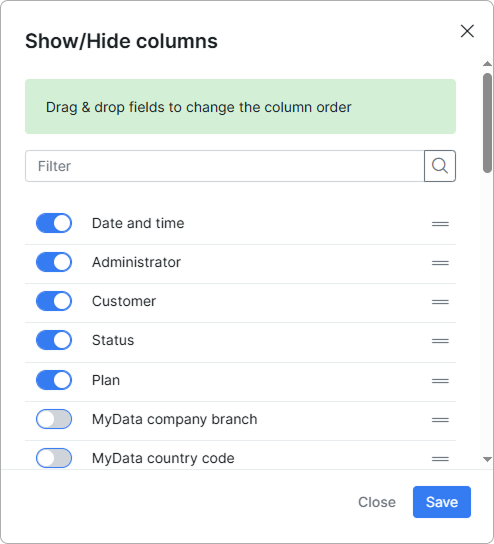 Show/Hide columns