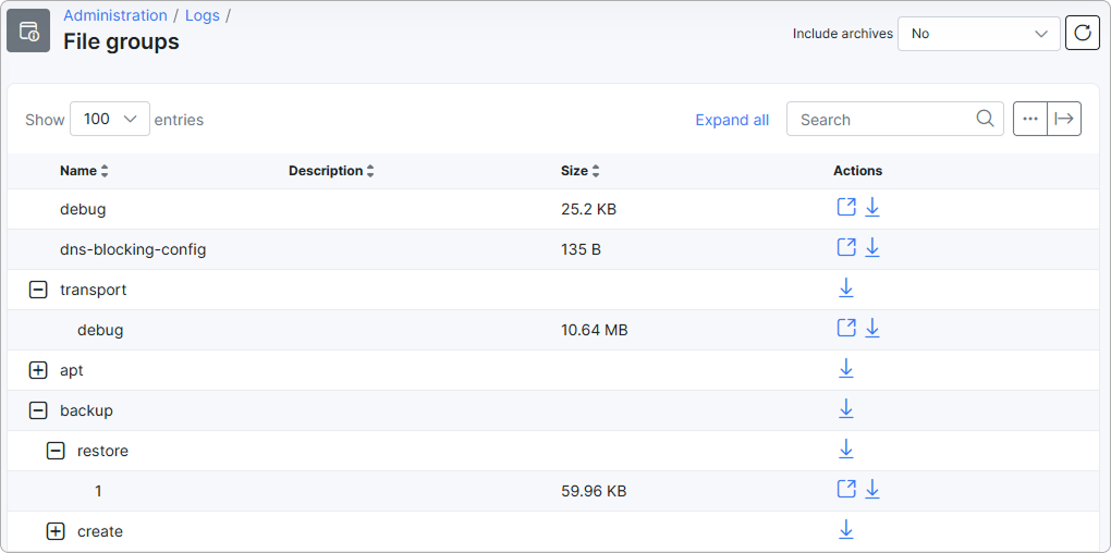 File groups main page showing the table with folders and files