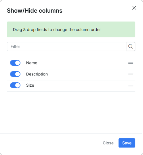 Show/Hide columns modal